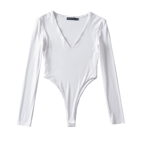 Damen figurbetontes Langarmbodysuit mit tiefem V-Ausschnitt R&B