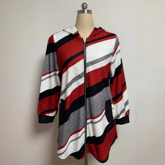 Damen nan Longline-Kapuzenjacke mit diagonalem Streifenmuster, Ringreißverschluss und Seitentaschen R&B