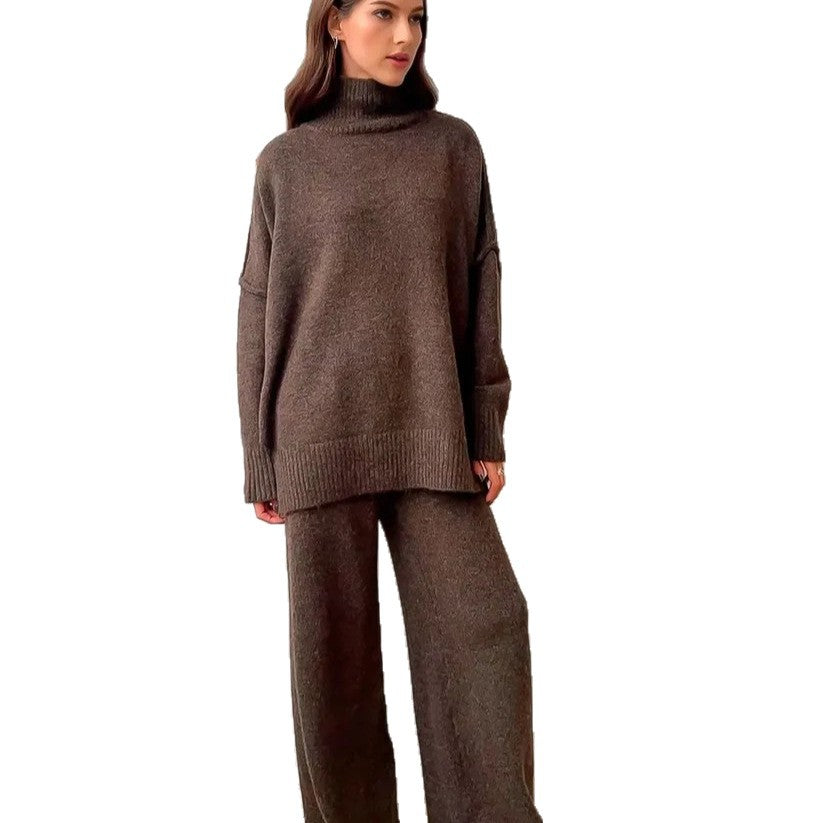 Damen Gemütliches Strickensemble mit hohem Kragen und weit geschnittenen Hosen R&B