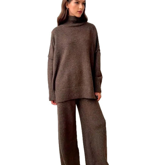 Damen Gemütliches Strickensemble mit hohem Kragen und weit geschnittenen Hosen R&B