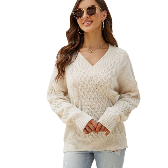 Damen Großer Strickpullover mit V-Ausschnitt und ausgefallenem Zopfmuster R&B