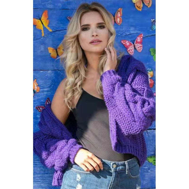 Damen gestrickte Kapuzenjacke mit voluminösem Gewebe und Zopfmuster R&B