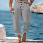Herren nan lässige atmungsaktive Leinenhose mit Kordelzug Knopfleiste und aufgerollten Bündchen R&B