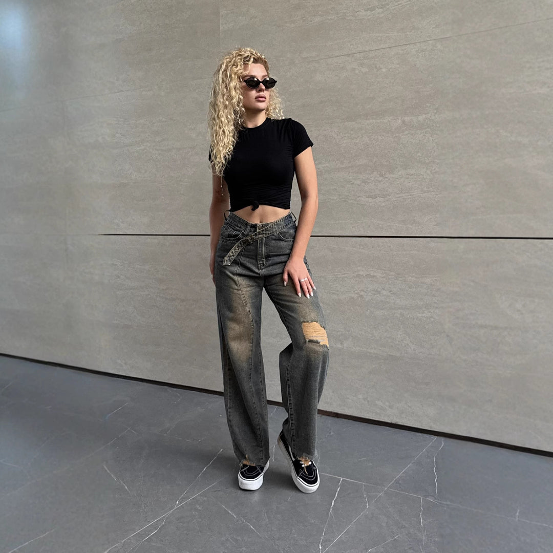 Damen Lässige Baqugy-Jeans mit modischen Rissdetails und Gürtel R&B