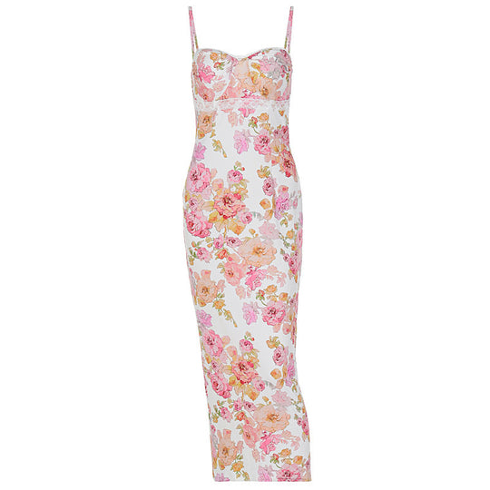 Damen Blütenmaxikleid mit verstellbaren Trägern und figurbetontem Schnitt R&B