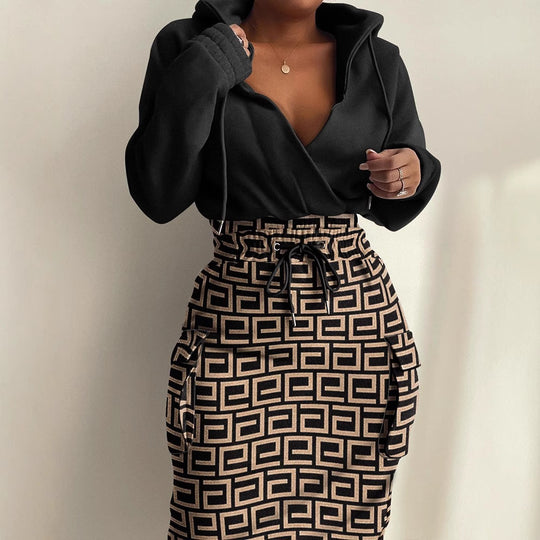 Damen lässiges Set mit modernem Zeitungsdruck R&B