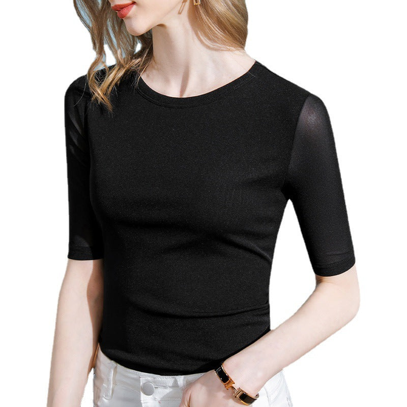Damen Figurbetontes Shirt mit transparenten Ärmeln und elegantem Design R&B