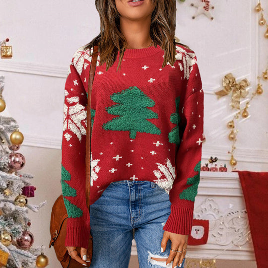 Damen Grobstrickpullover mit winterlichem Tannenbaum-Motiv und lässigem Schnitt R&B