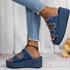 Damen bequeme Plattformsandalen aus Denim mit doppeltem Riemen R&B