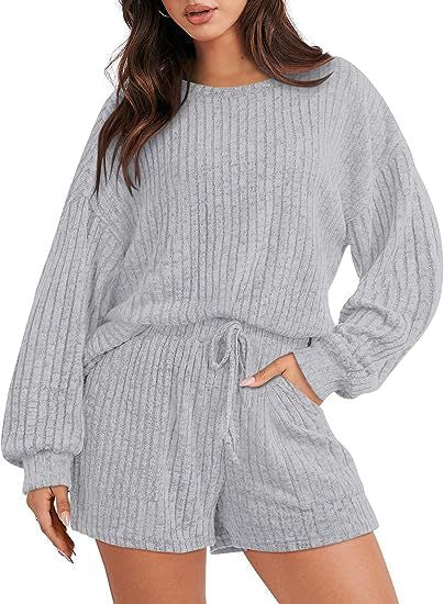 Damen gemütlicher Fleece Lounge-Anzug mit weiten Ärmeln und elastischem Bund R&B