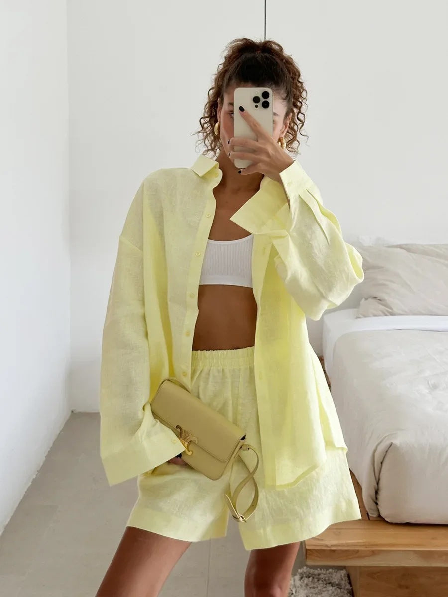 Damen lässige Leinenbluse und Shorts Set R&B