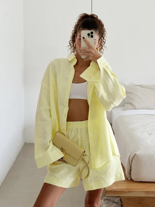 Damen lässiges Leinen Set mit lockerer Bluse und Shorts R&B