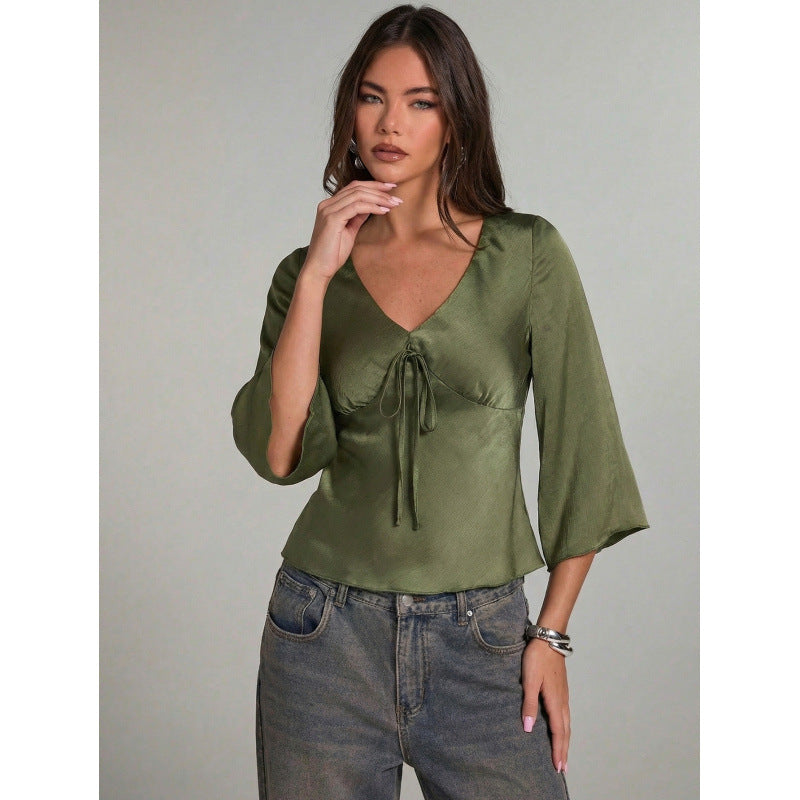 Damen Elegantes Oberteil mit Krawatte und weitem Ärmel R&B