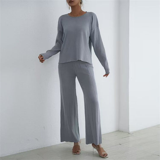 Damen lässiges und elegantes Strick-Loungewear-Set mit weitem Bein und feinen Rippenstrukturen R&B