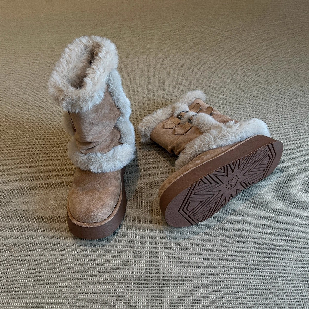 Damen modische Winterstiefel mit kuscheligem Kunstfell und praktischem Doppelriemen R&B