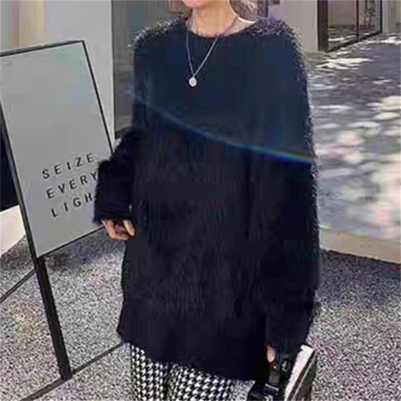 Damen Flauschiger Rundhals-Pullover mit lässigem Schnitt und oversized Passform R&B