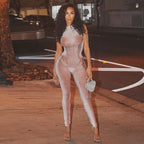 Damen Eleganter und figurbetonter Jumpsuit mit transparenten Einsätzen R&B