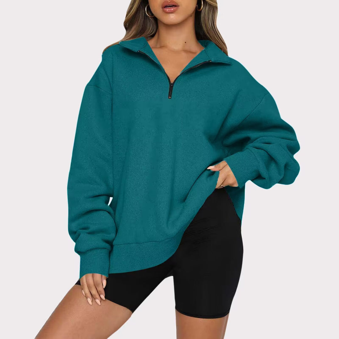 Damen Oversized Pullover mit kurzem Reißverschluss und lässigem Schnitt R&B
