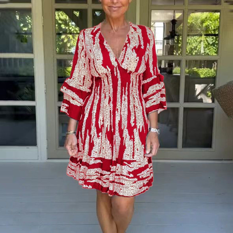 Damen lässiges Strandkleid mit V-Ausschnitt und weitem Rock R&B