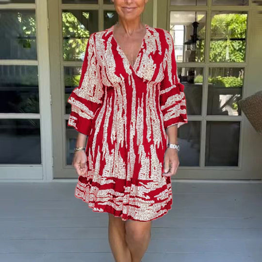 Damen Wickelkleid mit voluminösen Ärmeln und dekorativem Muster R&B