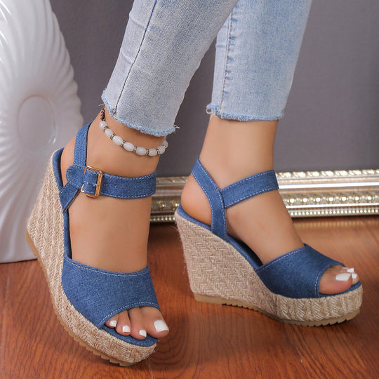 Damen Wedge-Sandaletten aus strapazierfähigem Denim mit stilvollem Riemendesign R&B