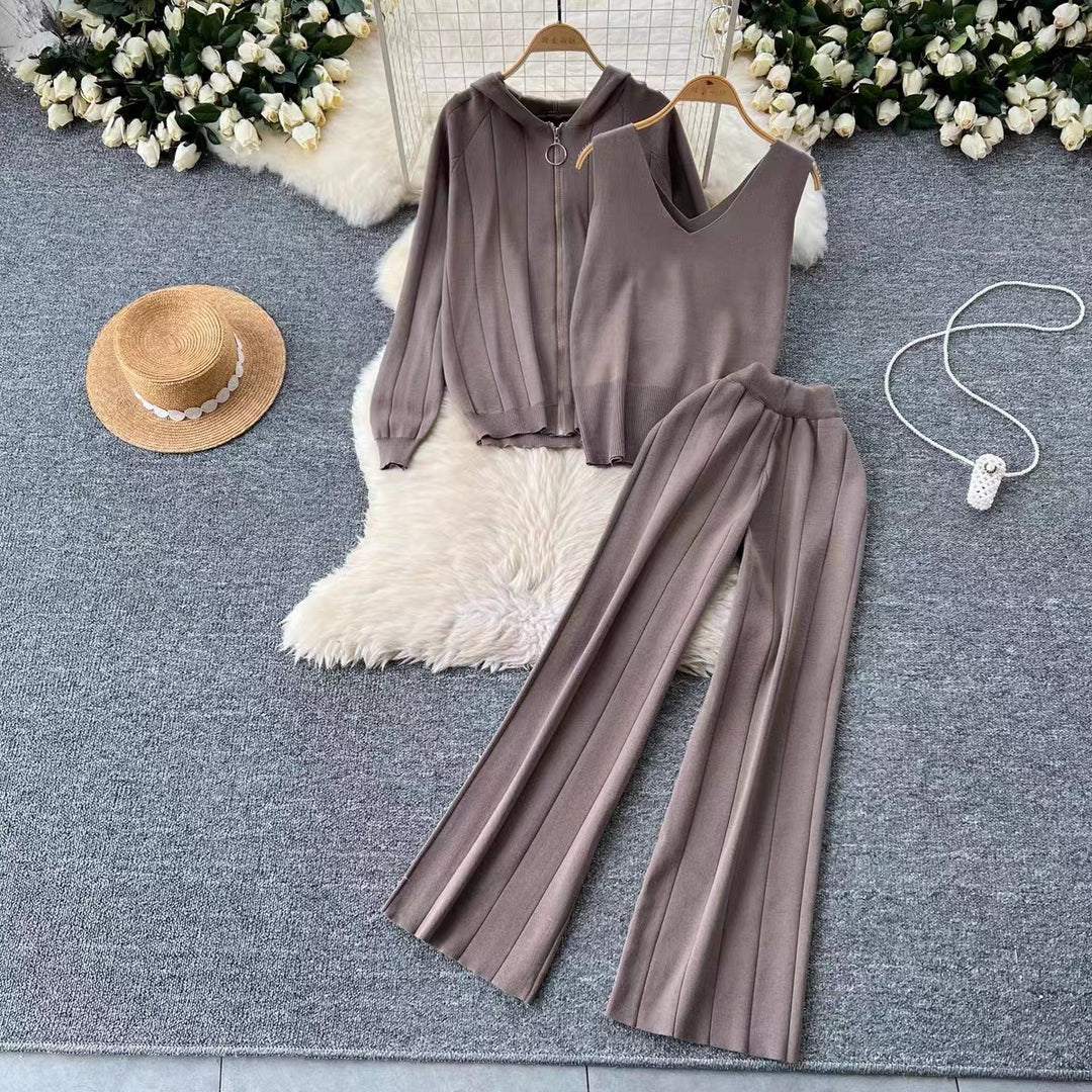 Damen modisches Strick-Loungewear-Set mit V-Ausschnitt und Kapuze R&B