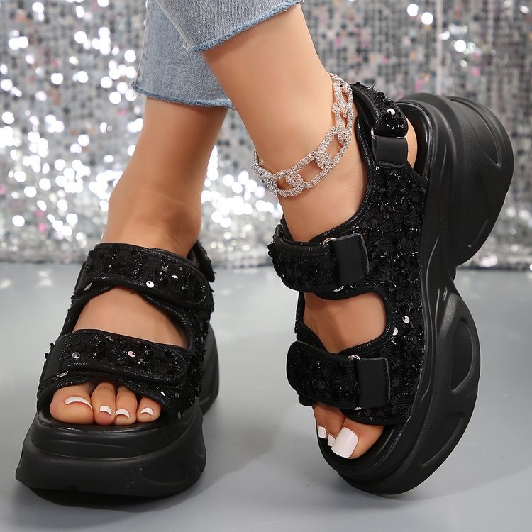 Damen Sneakersandalen mit komfortablem Klettverschluss und glitzernder Oberflächenstruktur R&B