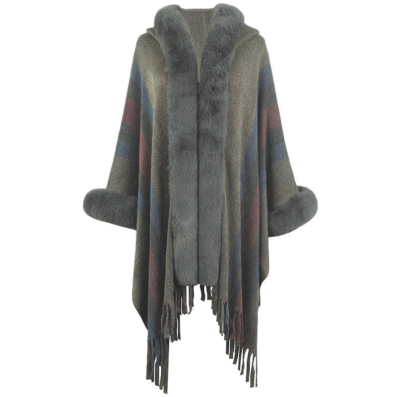 Damen modischer Poncho mit luxuriösem Kunstfellkragen und Fransen R&B