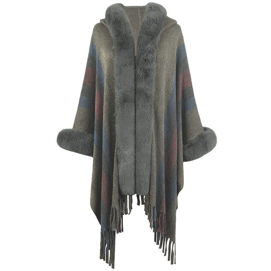 Damen modischer Poncho mit luxuriösem Kunstfellkragen und Fransen R&B