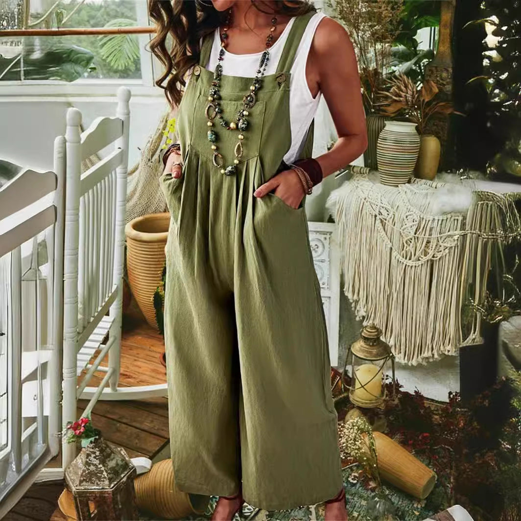 Damen Lässige Jumpsuit mit weitem Bein und Taschen R&B