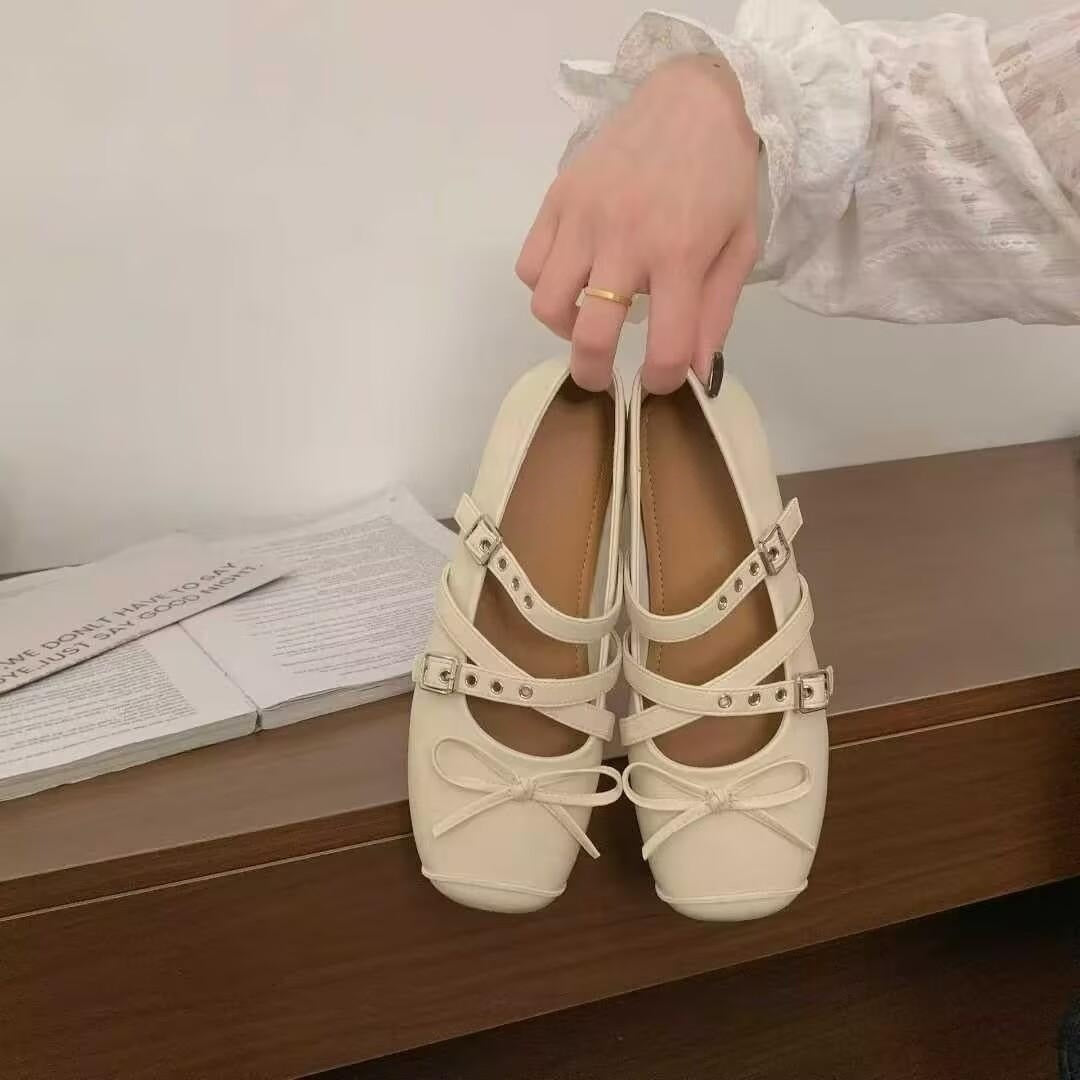 Damen Ballerina-Schuhe mit dekorativen Doppelschnallen und modischen Schleifen R&B
