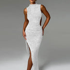 Damen Maxi-Kleid mit eleganter Raffung und seitlichem Schlitz EB
