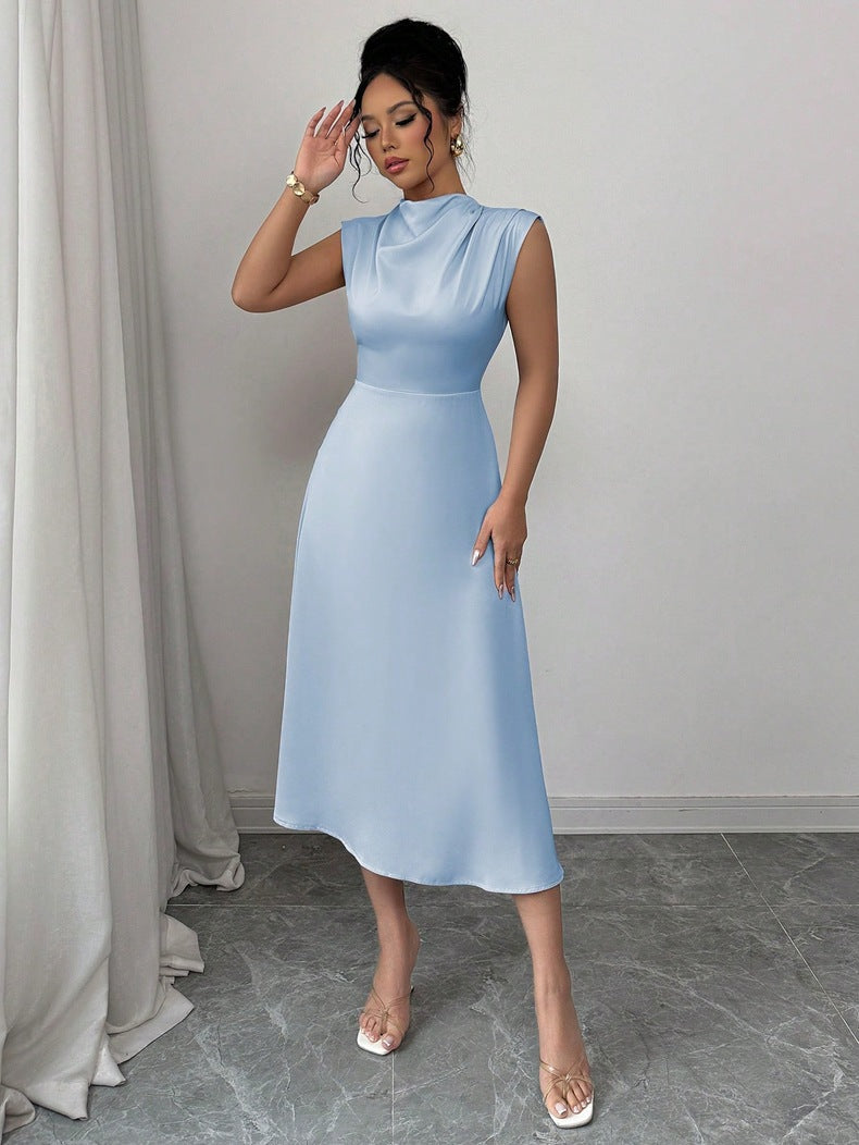 Damen elegantes ärmelloses Midi-Kleid mit drapiertem Ausschnitt R&B