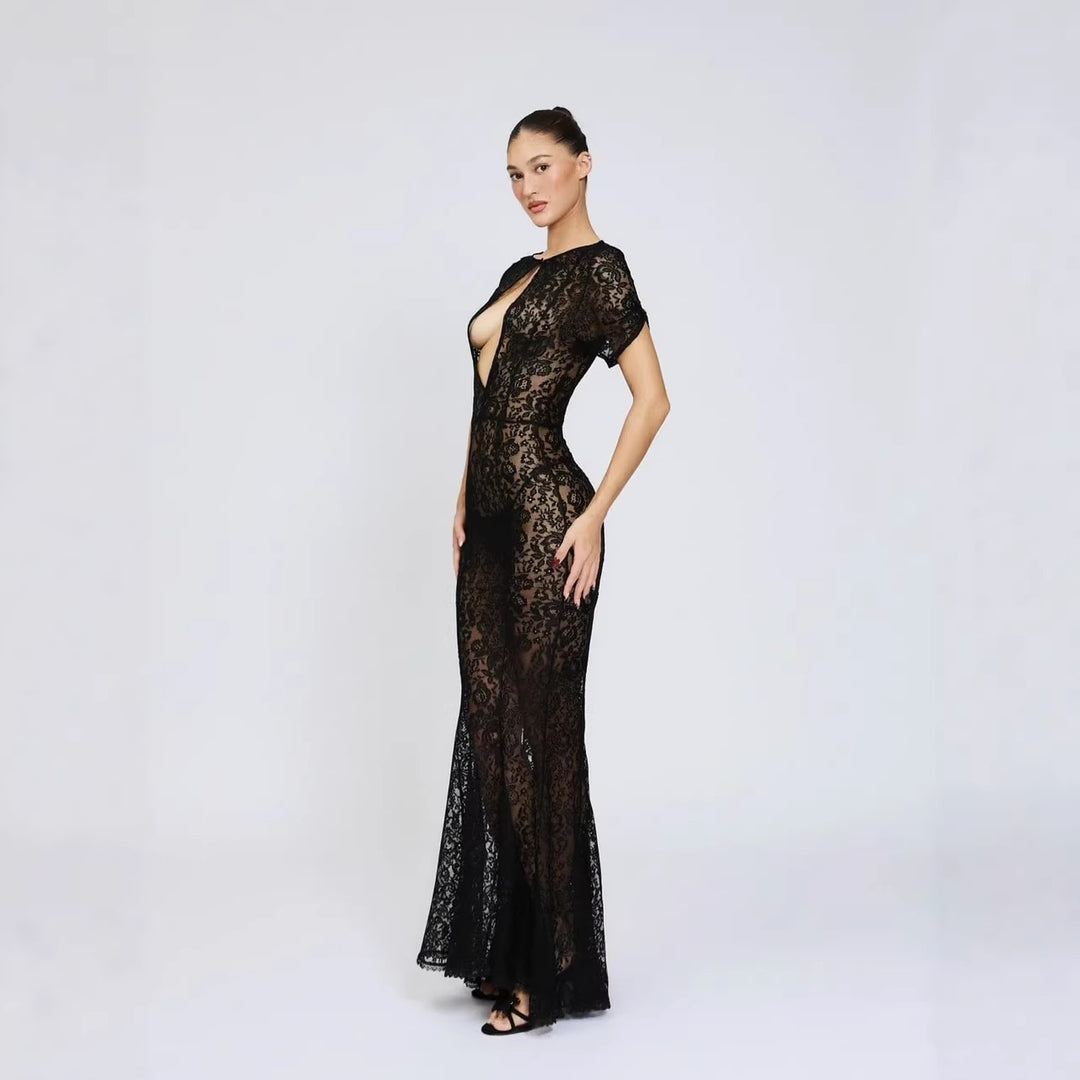 Damen Spitzenkleid mit tiefem Ausschnitt und ausgestelltem Schnitt R&B