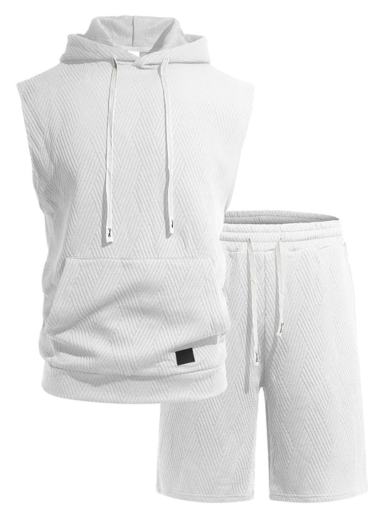 Herren nan ärmelloses Kapuzen-Lounge-Set aus strukturierter Baumwollmischung mit Kängurutasche und elastischer Freizeithose R&B
