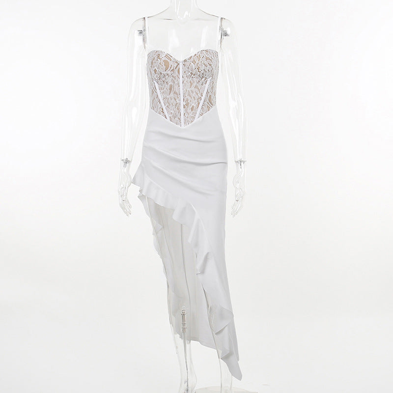 Damen Elegantes Abendkleid mit Spitzenoberteil und asymmetrischem Saum
