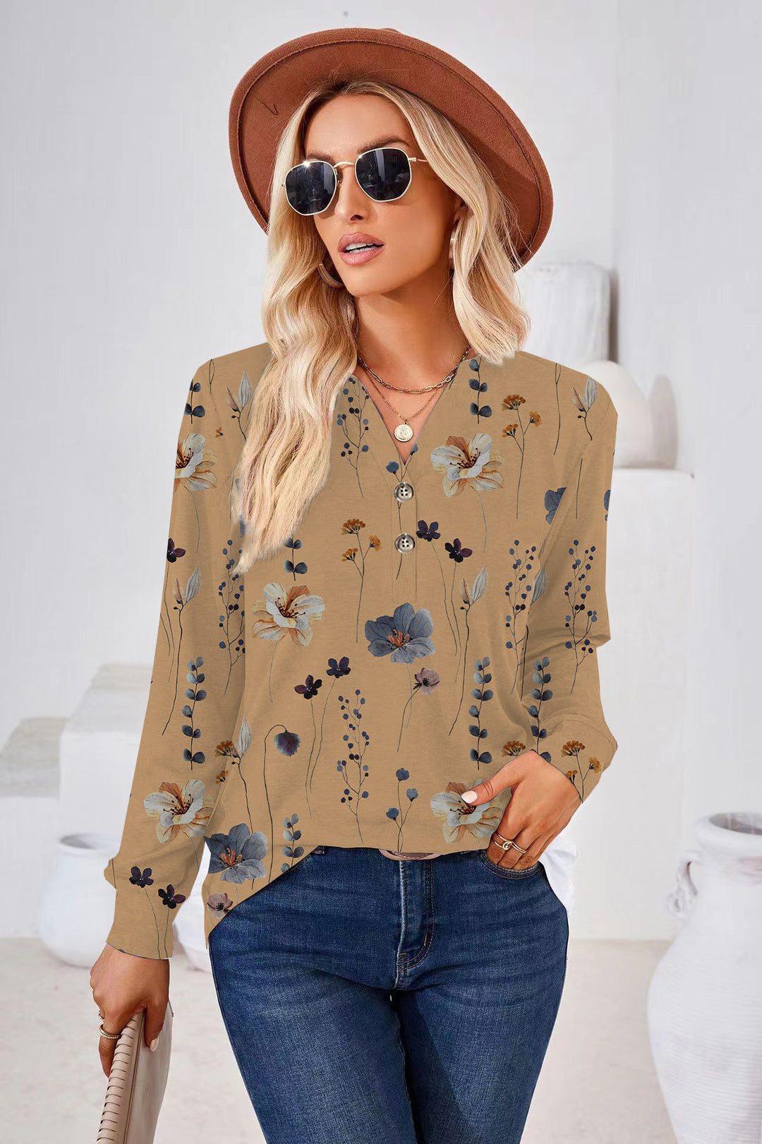 Damen Langarm-Bluse mit floralem Druck und Knopfleiste R&B