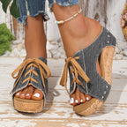 Damen Slip-On Sandalen mit Korksohle und stylischen Schnürdetails