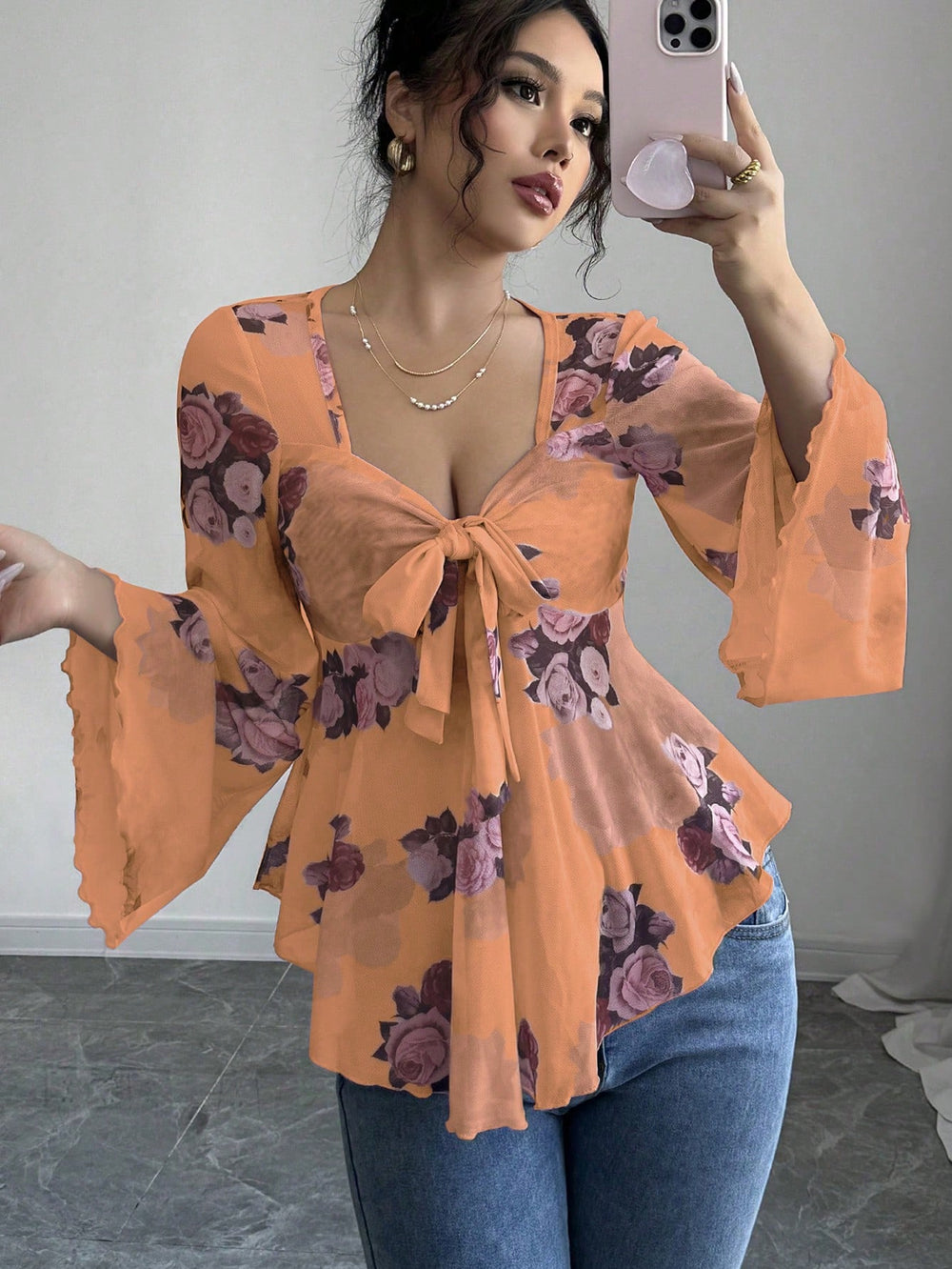 Damen luftige Bluse mit Blumenmuster R&B