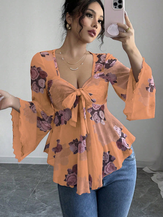 Damen luftige Bluse mit Blumenmuster R&B