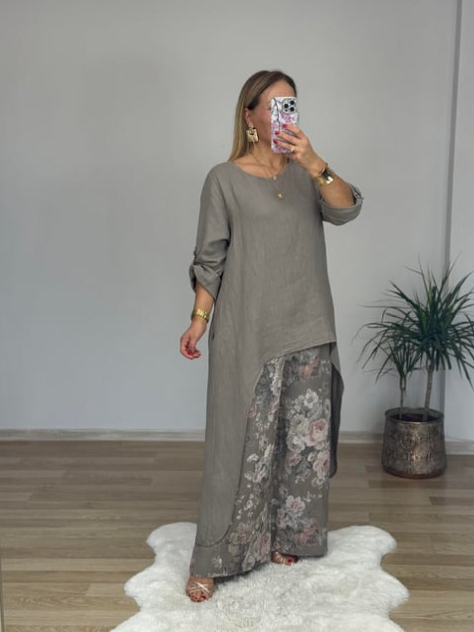 Damen Relaxed Fit Leinen Tunika Top R&B