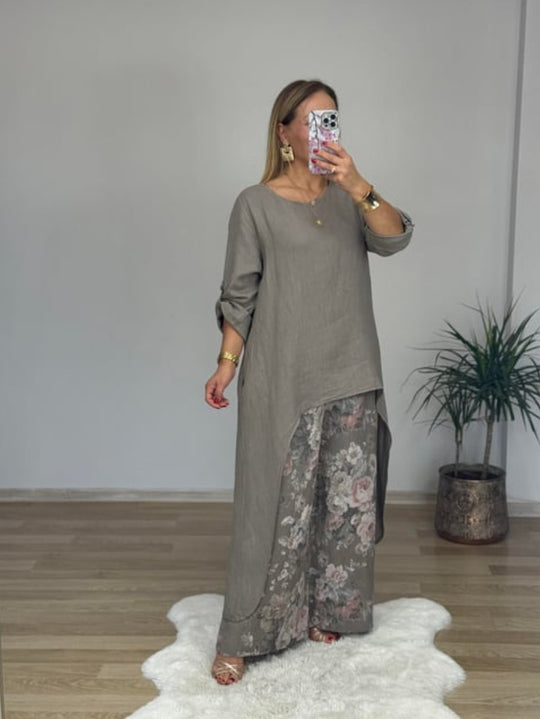 Damen Relaxed Fit Leinen Tunika Top R&B