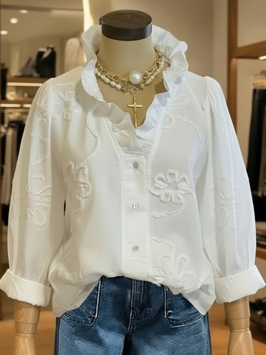 Damen elegante Bluse mit floralen Stickereien und voluminösen Ärmeln R&B