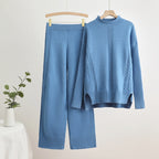 Damen komfortables Strick-Loungewear-Set mit hohen Bündchen und dekorativen Zopfmustern R&B
