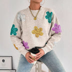 Damen Strickpullover mit glitzernden Blütenapplikationen R&B