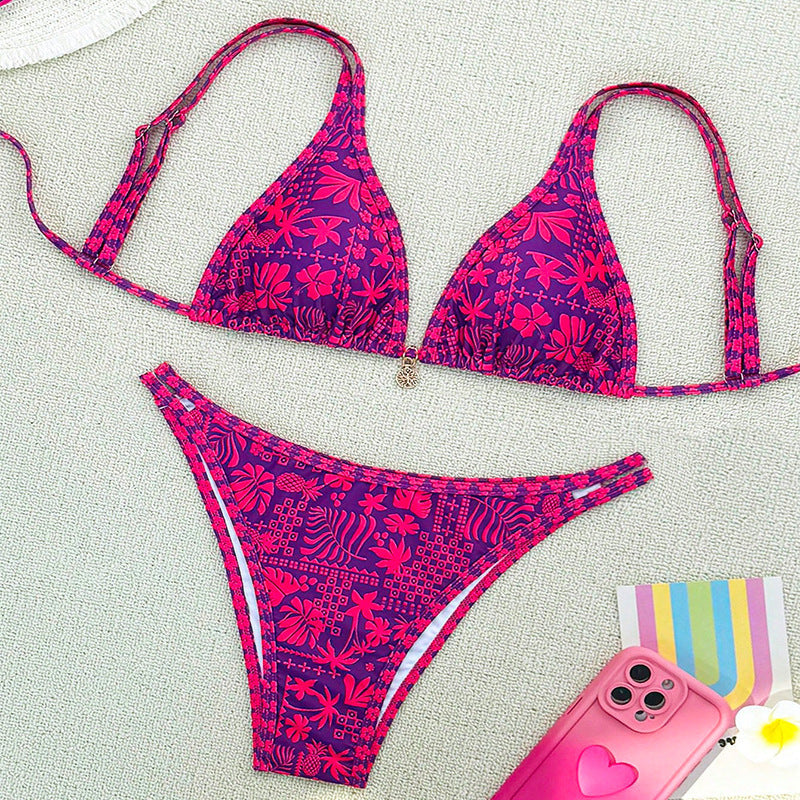 Damen Triangel-Bikini mit floralem Muster und elegantem Schmuckdetail