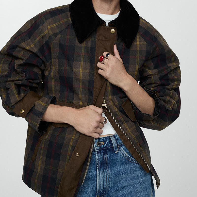 Damen Karierte Jacke mit weichem Cordkragen R&B