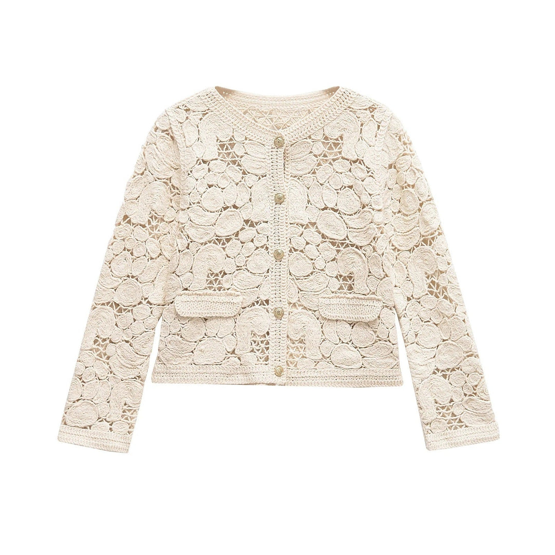 Damen Strickjacke Aus Feiner Spitze mit Dekorativen Knopfdetails und Eleganter Silhouette R&B