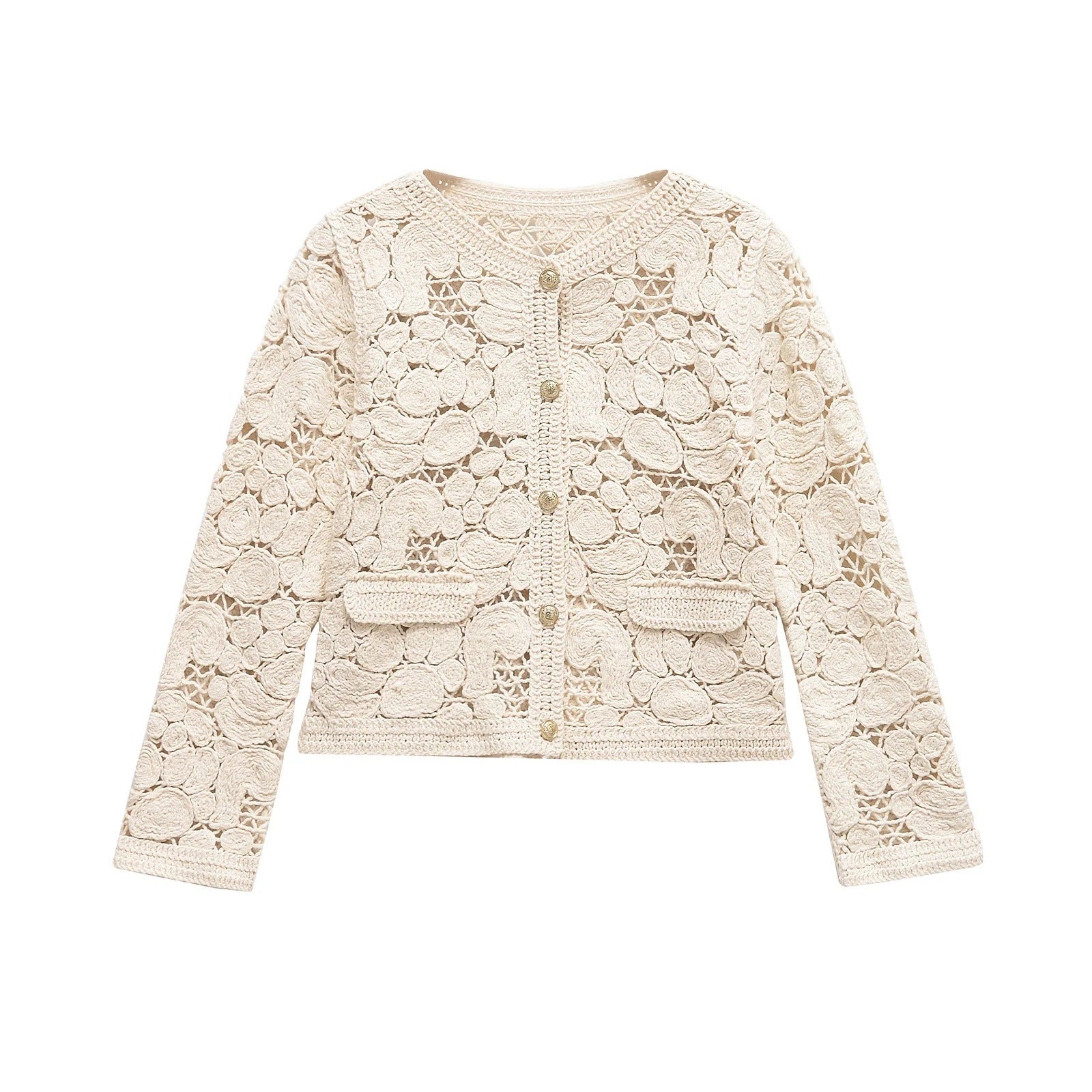 Damen Strickjacke Aus Feiner Spitze mit Dekorativen Knopfdetails und Eleganter Silhouette R&B