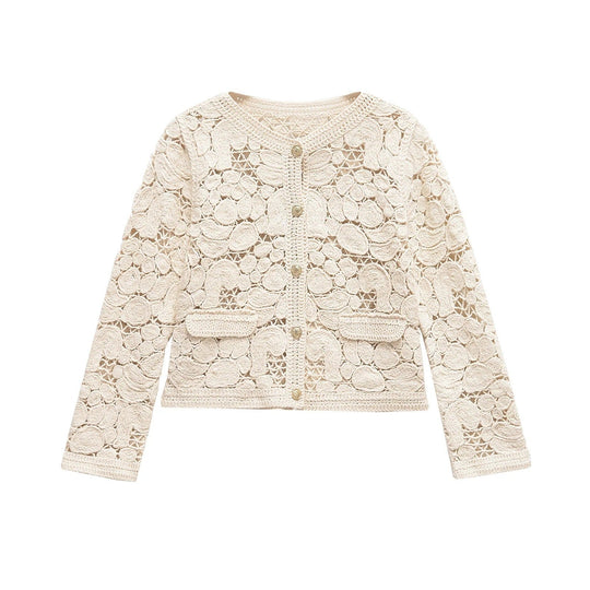 Damen Strickjacke Aus Feiner Spitze mit Dekorativen Knopfdetails und Eleganter Silhouette R&B